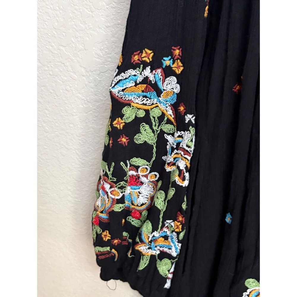 Free People Black Embroidered Mini Dress Womens Medium Long Sleeve Boho V-Neck - Picture 4 of 10